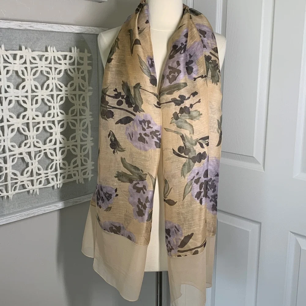 Peach scarf with purple floral, print linen and silk blend